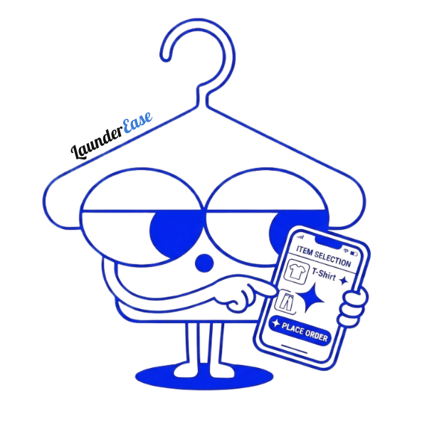 LaunderEase mascot holding a phone showing the order screen