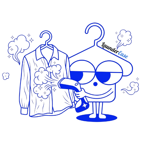LaunderEase mascot using a garment steamer on a shirt