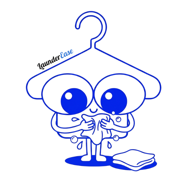 LaunderEase mascot wringing out a cloth next to folded towels